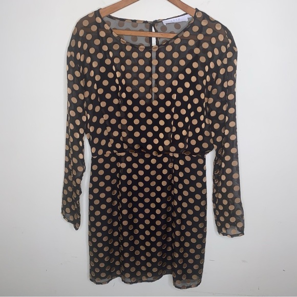 ASTR the Label Size Medium Black with Gold Polka Dot Long Sleeve Sheer Dress - Picture 2 of 14